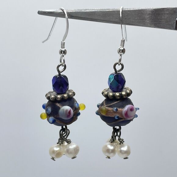 925 Sterling Silver Vintage Murano Wedding Cake Glass Beaded Pearl Earrings - Picture 1 of 6